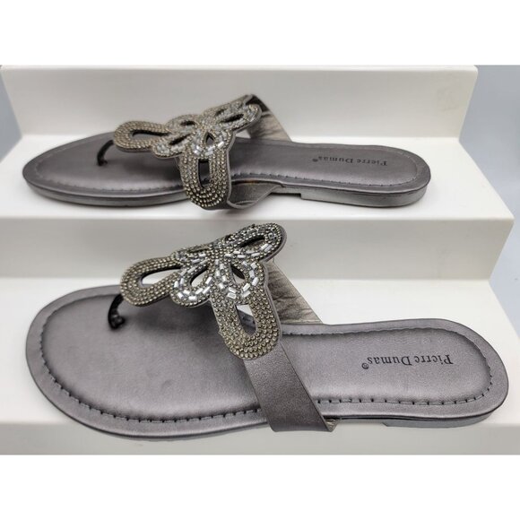 Pierre Dumas Womens Pewter Beaded Sandals Thong Flip Flop Size 8 New in Box - Picture 4 of 6